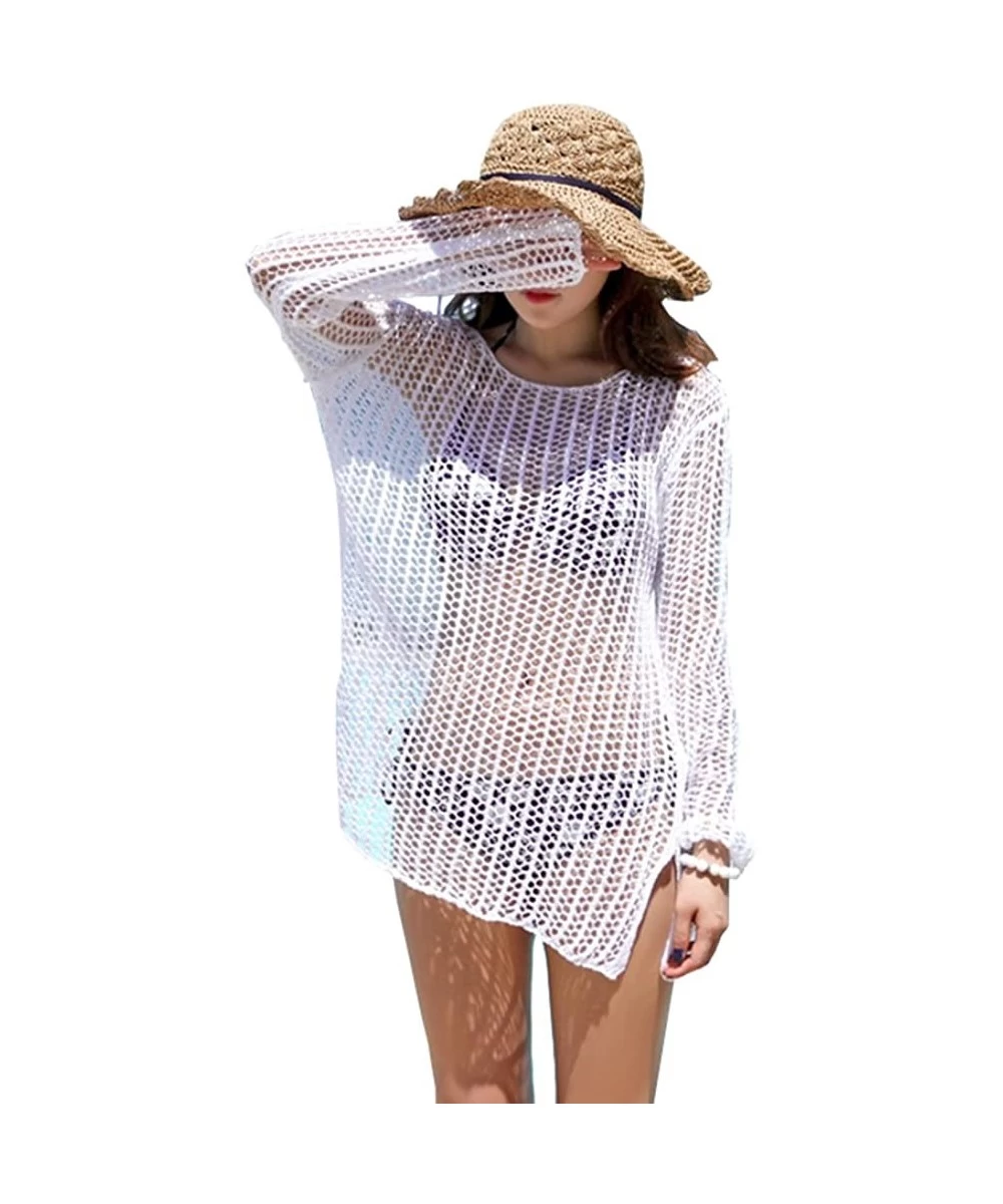 Cover-Ups Womens Bikini Cover-ups Crochet Mesh Knit Sexy Beach Tops - White - CD182X3SAUC