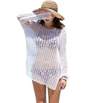 Cover-Ups Womens Bikini Cover-ups Crochet Mesh Knit Sexy Beach Tops - White - CD182X3SAUC