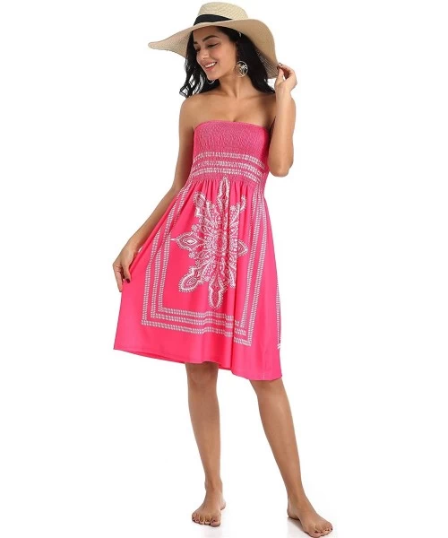 Cover-Ups Women's Strapless Floral Mini Beach Dress Bohemian Strapless Floral Print Cover Up Dresses - Pink - C019395R5WC