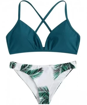 Sets Women's Bohemian Bikini Tropical Palm Leaf Cross Lace Sexy Split Swimsuit - Blue - CR198DWSQQR