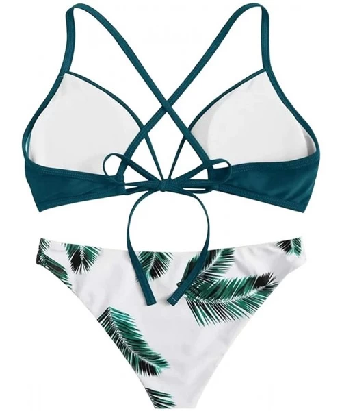 Sets Women's Bohemian Bikini Tropical Palm Leaf Cross Lace Sexy Split Swimsuit - Blue - CR198DWSQQR