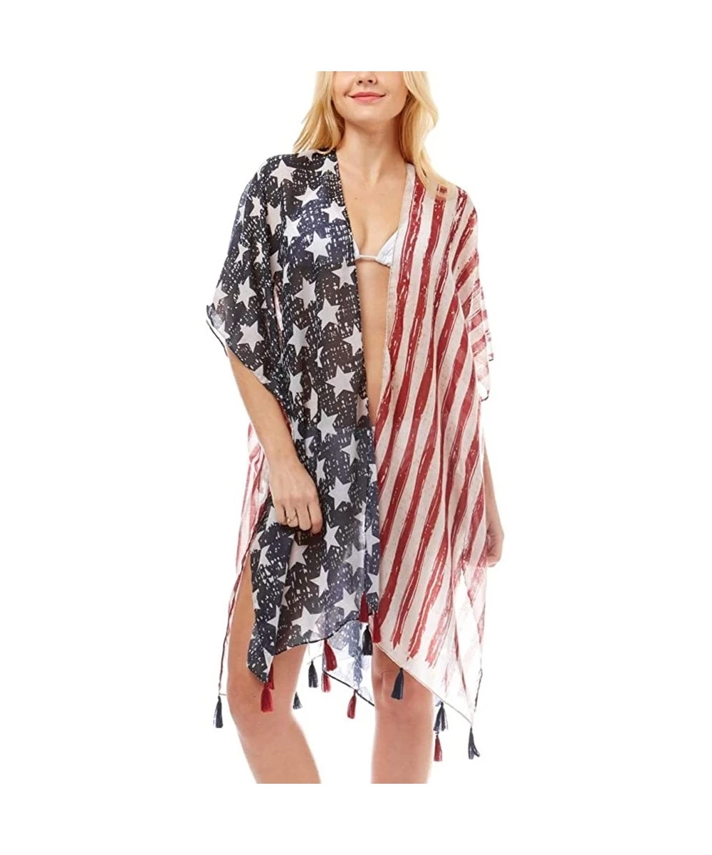 Cover-Ups Women Summer Beach Swimsuit Bikini Cover Up Kimono Cardigan - Usa Flag Print - C218QQENGGU