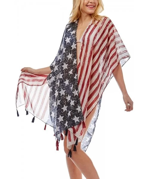 Cover-Ups Women Summer Beach Swimsuit Bikini Cover Up Kimono Cardigan - Usa Flag Print - C218QQENGGU