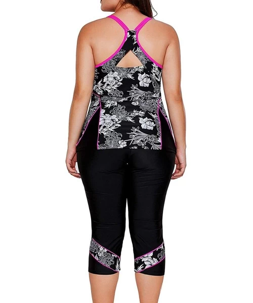 One-Pieces Women's Floral Printed Racerback Two Piece Plus Size Tankini Capris Short Swimsuit - Black - C618D04Y8T7