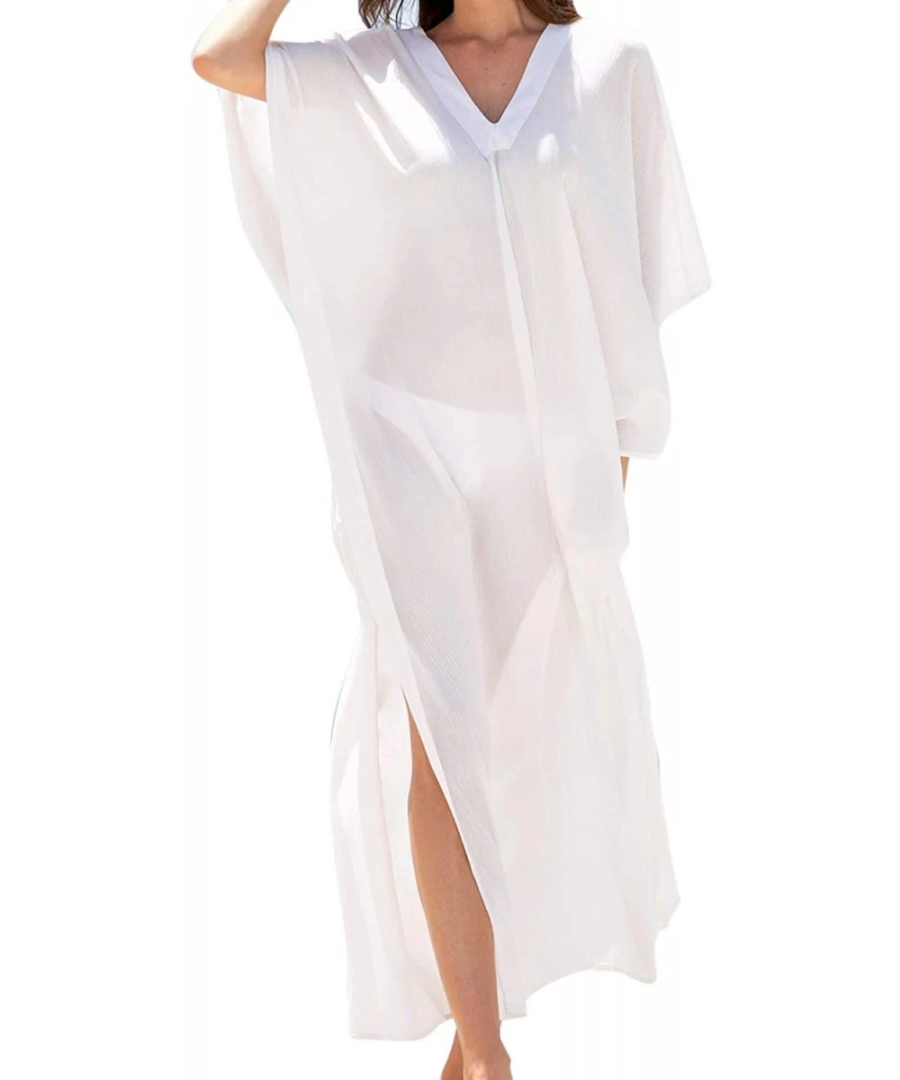 Cover-Ups Womens Sexy V Neck Kaftans Maxi Long Beach Cover up Dress - White - CX18NLRETMX