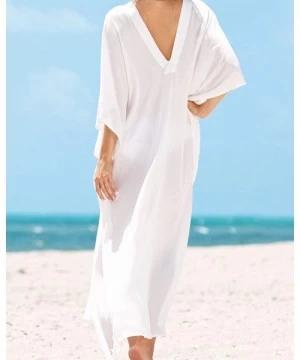 Cover-Ups Womens Sexy V Neck Kaftans Maxi Long Beach Cover up Dress - White - CX18NLRETMX