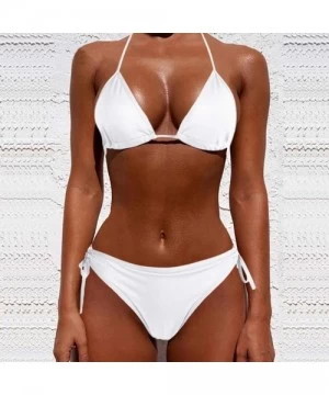 Tankinis Women's Sexy Solid Color Two Piece Padded Push Up with Tie Side Bottom Brazilian Swimsuit Bathing Suits - White - CA...