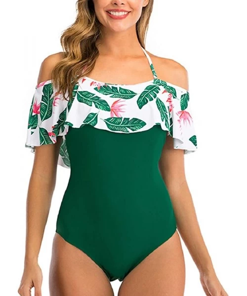 One-Pieces Women's Off Shoulder One Piece Swimsuit Ruffled Bathing Suits Print Bodycon Bodysuit Swimwear Beachwear - Green - ...