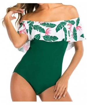 One-Pieces Women's Off Shoulder One Piece Swimsuit Ruffled Bathing Suits Print Bodycon Bodysuit Swimwear Beachwear - Green - ...