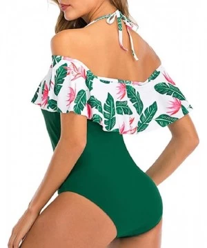 One-Pieces Women's Off Shoulder One Piece Swimsuit Ruffled Bathing Suits Print Bodycon Bodysuit Swimwear Beachwear - Green - ...