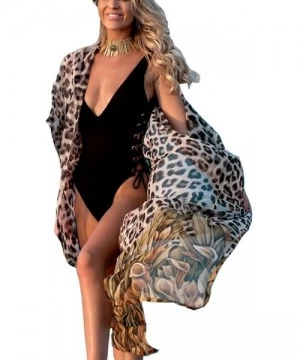 Cover-Ups Women's Beach Blouses Kimono Floral Print Chiffon/Rayon Cardigan Long Bikini Cover Up Dress - Leopard Print - C018U...