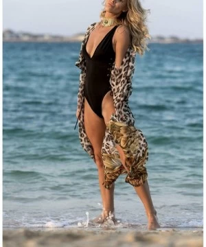 Cover-Ups Women's Beach Blouses Kimono Floral Print Chiffon/Rayon Cardigan Long Bikini Cover Up Dress - Leopard Print - C018U...