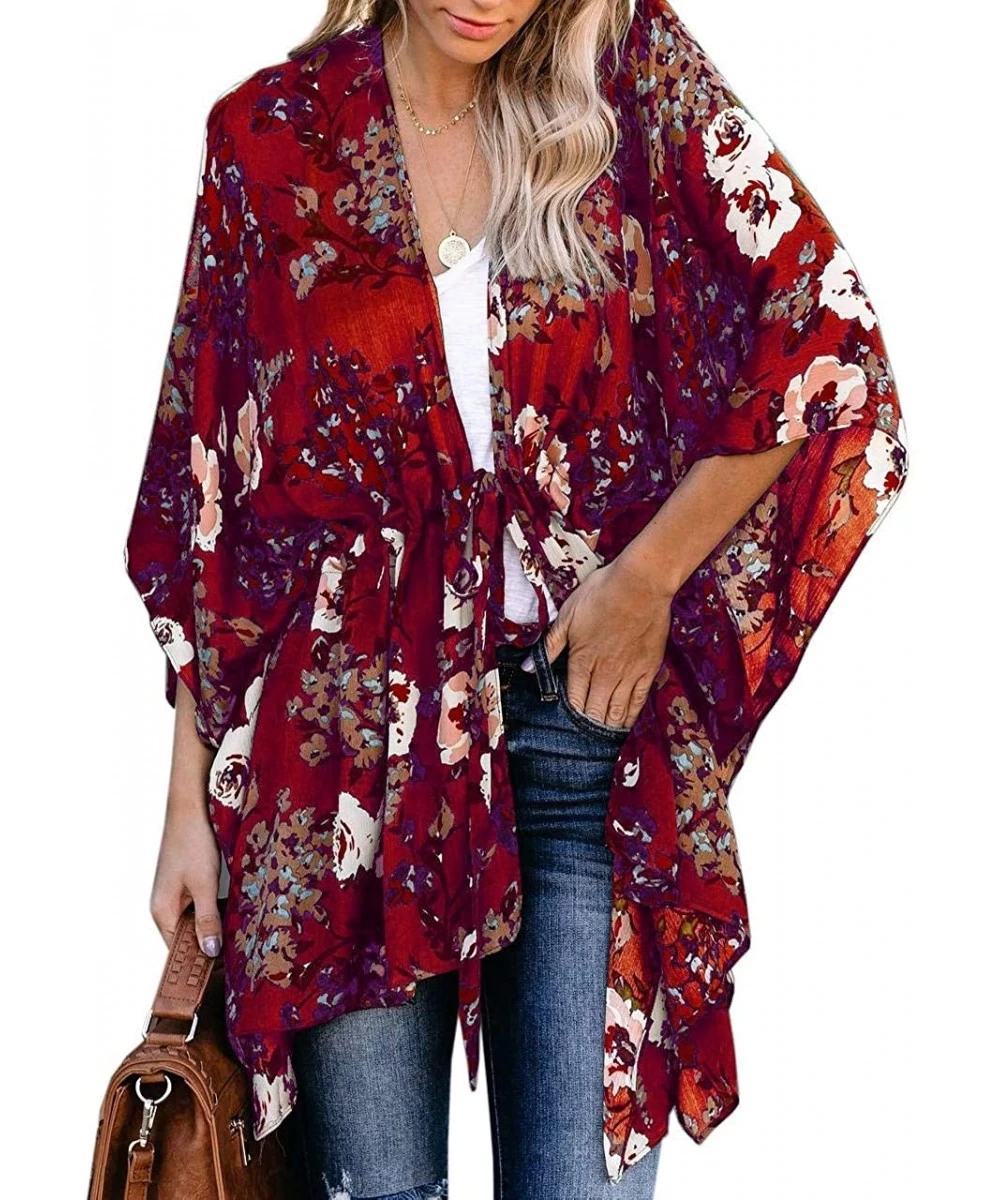 Cover-Ups Womens Floral Print Cardigan Chiffon Kimono Short Sleeve Open Front Swimsuit - Tangerine - CH193Y528AN