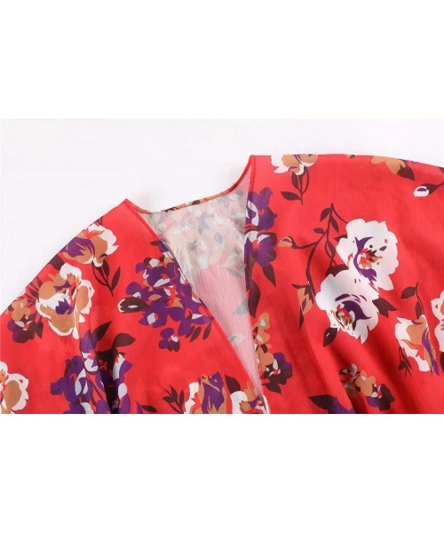 Cover-Ups Womens Floral Print Cardigan Chiffon Kimono Short Sleeve Open Front Swimsuit - Tangerine - CH193Y528AN