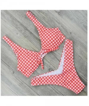 Sets Womens Sexy Thong Bikini Plaid Swimwear Push Up Swimsuit Brazilian Biquini Bow Bikinis Set Bathing Suits Print Red - C61...