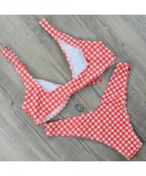 Sets Womens Sexy Thong Bikini Plaid Swimwear Push Up Swimsuit Brazilian Biquini Bow Bikinis Set Bathing Suits Print Red - C61...