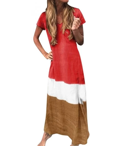 Racing Dress for Womens Summer Short Sleeve Gradient Color Tie Dyeing V-Neck Long Dress - C Red - CU18UY0A3NQ