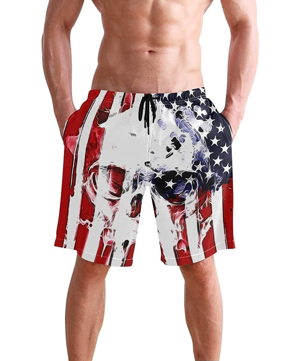 Racing Men's Swim Trunks Christmas Plaid Painting Quick Dry Beach Board Shorts with Pockets - Skull American Flag - CP18QSZHLCC