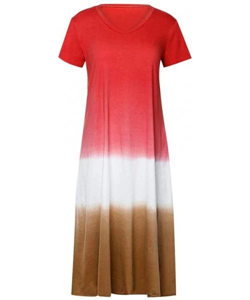 Racing Dress for Womens Summer Short Sleeve Gradient Color Tie Dyeing V-Neck Long Dress - C Red - CU18UY0A3NQ