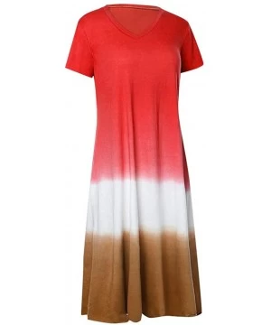 Racing Dress for Womens Summer Short Sleeve Gradient Color Tie Dyeing V-Neck Long Dress - C Red - CU18UY0A3NQ