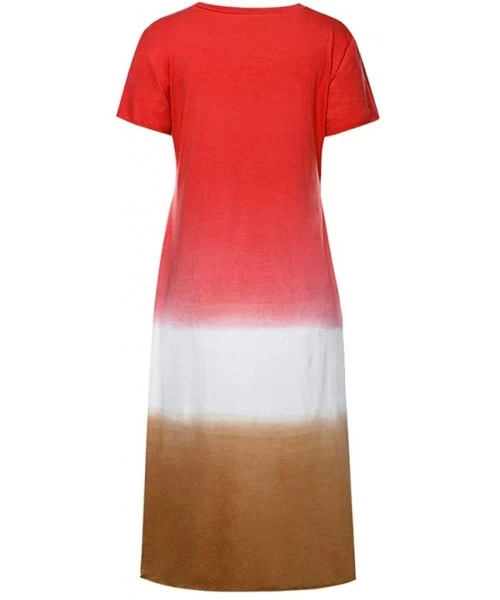 Racing Dress for Womens Summer Short Sleeve Gradient Color Tie Dyeing V-Neck Long Dress - C Red - CU18UY0A3NQ