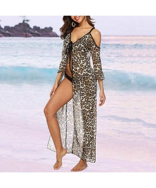 Cover-Ups Womens Dresses V Neck Leopard Dress 3/4 Sleeve Cold Shoulder Beach Dress Lace Up Cover Up Dress - Brown - CF1900KC76L