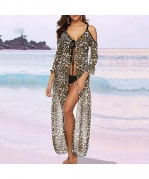 Cover-Ups Womens Dresses V Neck Leopard Dress 3/4 Sleeve Cold Shoulder Beach Dress Lace Up Cover Up Dress - Brown - CF1900KC76L