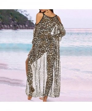 Cover-Ups Womens Dresses V Neck Leopard Dress 3/4 Sleeve Cold Shoulder Beach Dress Lace Up Cover Up Dress - Brown - CF1900KC76L