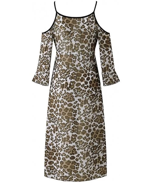 Cover-Ups Womens Dresses V Neck Leopard Dress 3/4 Sleeve Cold Shoulder Beach Dress Lace Up Cover Up Dress - Brown - CF1900KC76L