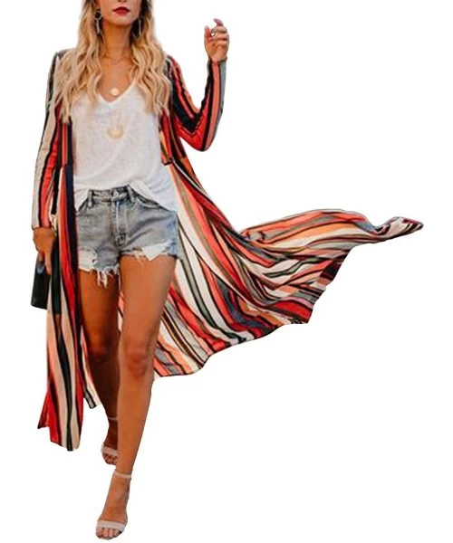 Cover-Ups Women's Summer Long Flowy Kimono Cardigans Boho Chiffon Floral Beach Cover Up Tops - 1-multicolored - CR18LDISK5Q