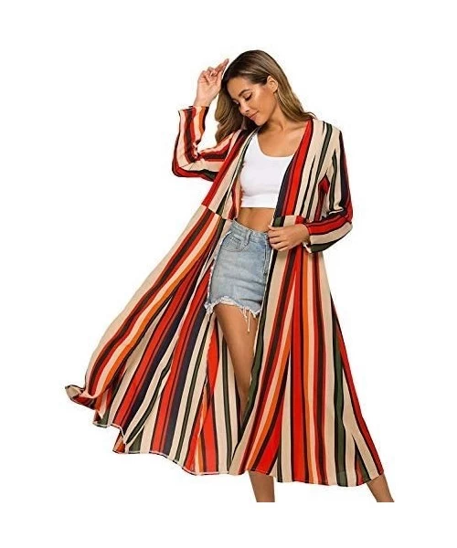 Cover-Ups Women's Summer Long Flowy Kimono Cardigans Boho Chiffon Floral Beach Cover Up Tops - 1-multicolored - CR18LDISK5Q