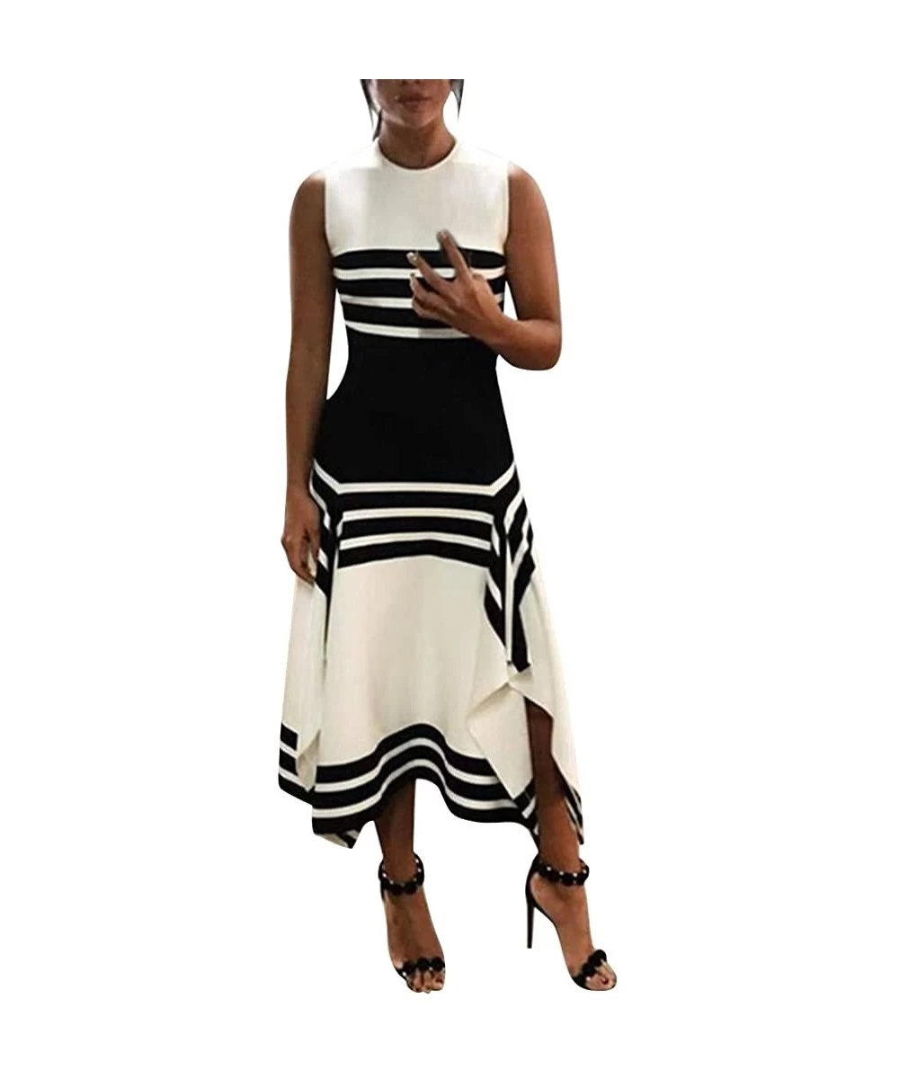 Board Shorts Women Stripe Print Sleeveless Casual Tight Waist Round Neck Party Club Midi Dresses Vestido - White - CX18QQ4HEWM