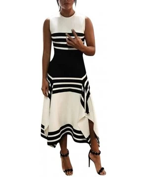 Board Shorts Women Stripe Print Sleeveless Casual Tight Waist Round Neck Party Club Midi Dresses Vestido - White - CX18QQ4HEWM