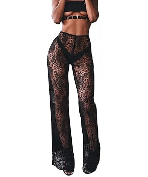 Cover-Ups Women's Sexy Lace See Through Beach Pants Loose Bikini Bottom Cover up - Black - CK18LQNDO2A