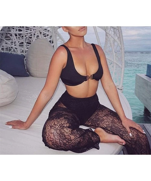 Cover-Ups Women's Sexy Lace See Through Beach Pants Loose Bikini Bottom Cover up - Black - CK18LQNDO2A