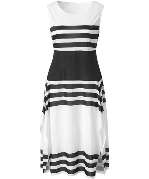 Board Shorts Women Stripe Print Sleeveless Casual Tight Waist Round Neck Party Club Midi Dresses Vestido - White - CX18QQ4HEWM