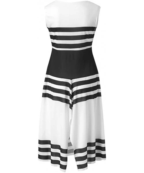 Board Shorts Women Stripe Print Sleeveless Casual Tight Waist Round Neck Party Club Midi Dresses Vestido - White - CX18QQ4HEWM