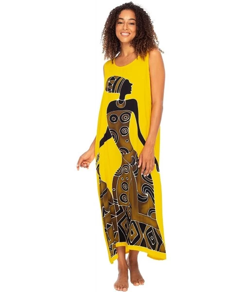 Cover-Ups Womens Long African Print Maxi Dress Swimsuit Cover Up Loose Sleeveless Beach Kaftan with Pockets Rayon - Women Pot...