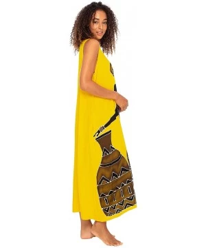 Cover-Ups Womens Long African Print Maxi Dress Swimsuit Cover Up Loose Sleeveless Beach Kaftan with Pockets Rayon - Women Pot...