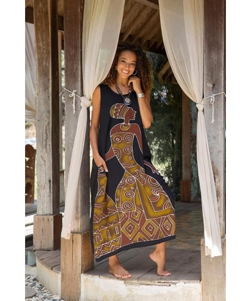 Cover-Ups Womens Long African Print Maxi Dress Swimsuit Cover Up Loose Sleeveless Beach Kaftan with Pockets Rayon - Women Pot...