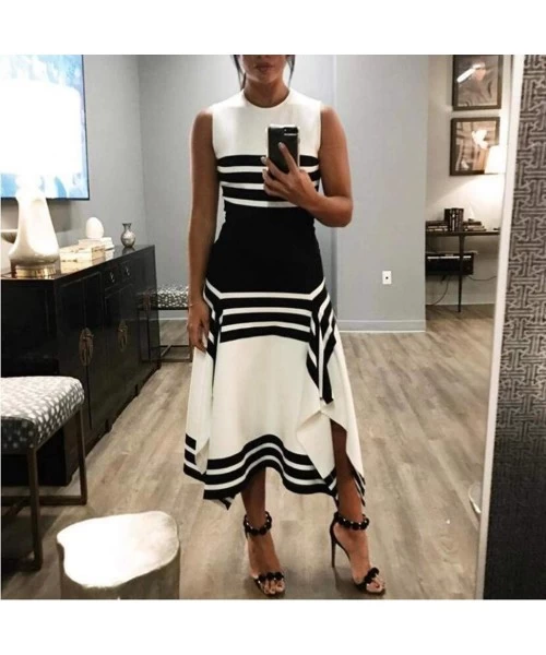 Board Shorts Women Stripe Print Sleeveless Casual Tight Waist Round Neck Party Club Midi Dresses Vestido - White - CX18QQ4HEWM