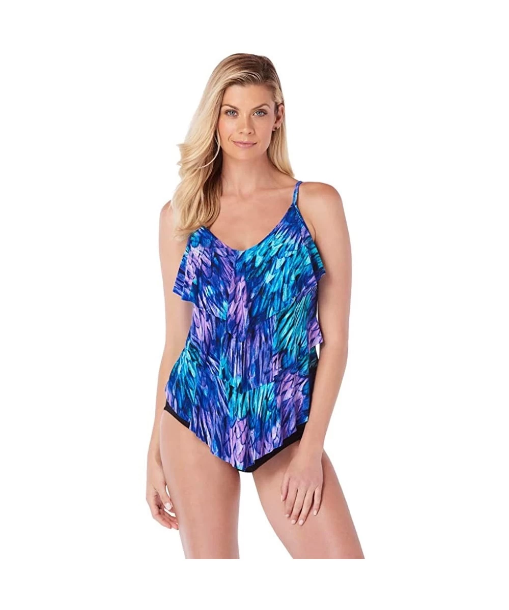 Tops Women's Swimwear Ruffled Feathers Rita V-Neck Tankini Top with Soft Cup Bra and Adjustable Straps - Peacock - CD18E6ZRCYL