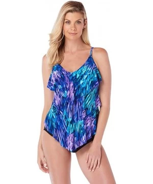 Tops Women's Swimwear Ruffled Feathers Rita V-Neck Tankini Top with Soft Cup Bra and Adjustable Straps - Peacock - CD18E6ZRCYL