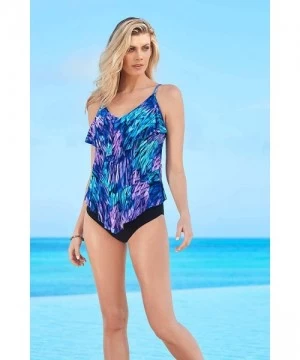 Tops Women's Swimwear Ruffled Feathers Rita V-Neck Tankini Top with Soft Cup Bra and Adjustable Straps - Peacock - CD18E6ZRCYL