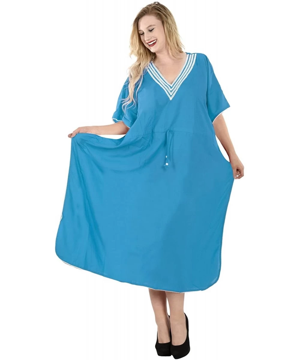 Cover-Ups Women's Loose Caftan Swimsuit Cover Up Beach Casual Dress Solid Plain - Blue_u31 - CS12DM2QAIT