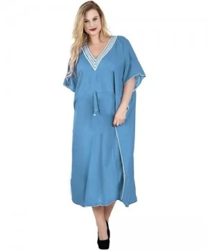 Cover-Ups Women's Loose Caftan Swimsuit Cover Up Beach Casual Dress Solid Plain - Blue_u31 - CS12DM2QAIT