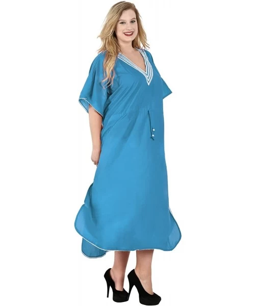 Cover-Ups Women's Loose Caftan Swimsuit Cover Up Beach Casual Dress Solid Plain - Blue_u31 - CS12DM2QAIT