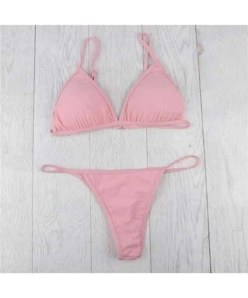 Sets Bikini Set Tie Side Brazilian Bottom Swimwear Two Pieces Swimsuit String Padded Thong Bathing Suits - Pink-1 - CF1952O9RR5