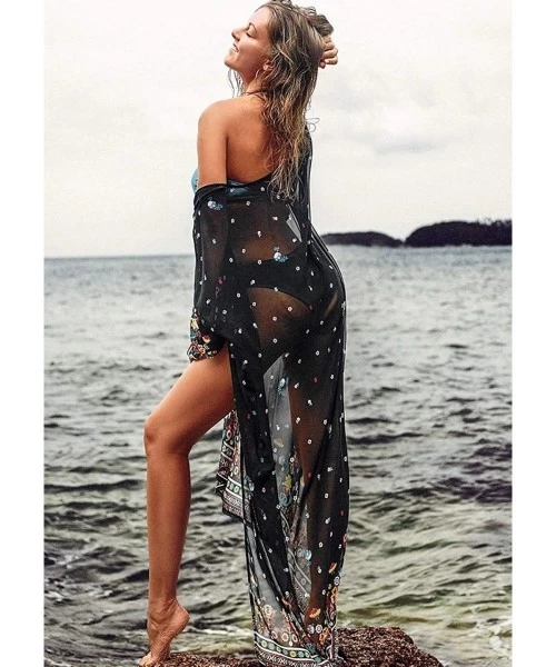 Cover-Ups Women's Summer Blouse Cover Up Loose Kimono Floral Print Cardigan Chiffon Beachwear Dress - Black - CZ18H35K4CH