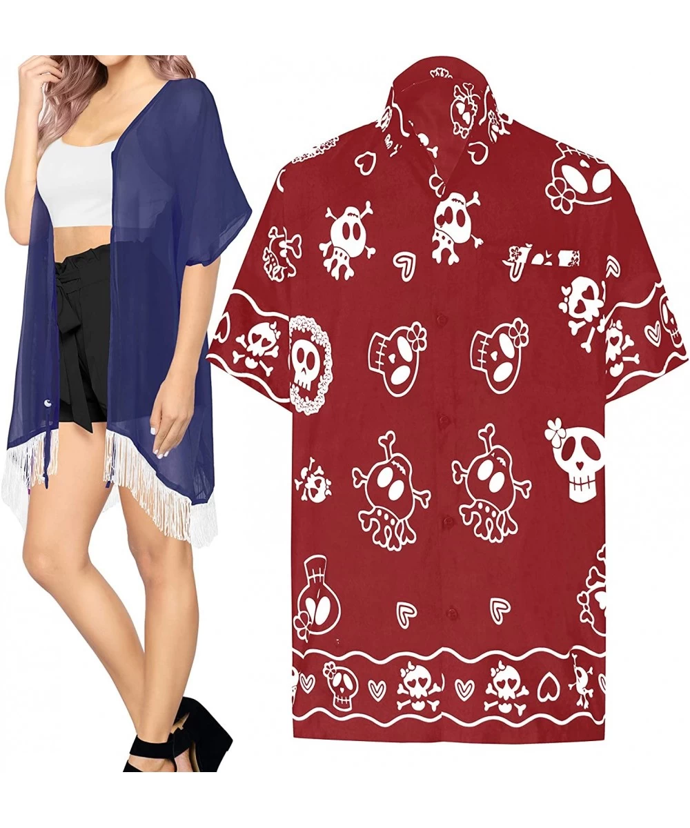 Cover-Ups Men's Skull Theme Party Front Pocket Short Sleeve Hawaiian Shirt Women Casual Dress Short Kimono Cardigan Work from...